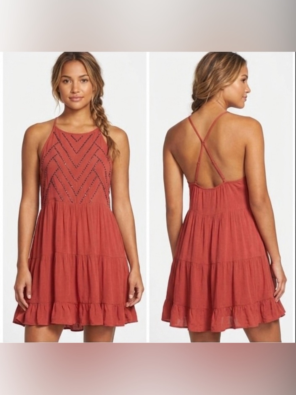 En Creme Red/Orange Beaded Dress (M)